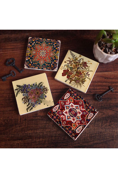 Pinecone Vintage Çiçek, Desen Taş Bardak Altlığı Seti - 4 Parça - Dekoratif, Rustik Mutfak Aksesuarı, 10x10 cm, Kaydırmaz Tabanlı, Şık ve Dayanıklı SC501