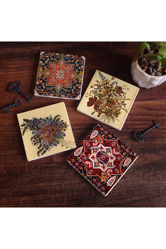 Pinecone Vintage Çiçek, Desen Taş Bardak Altlığı Seti - 4 Parça - Dekoratif, Rustik Mutfak Aksesuarı, 10x10 cm, Kaydırmaz Tabanlı, Şık ve Dayanıklı SC501