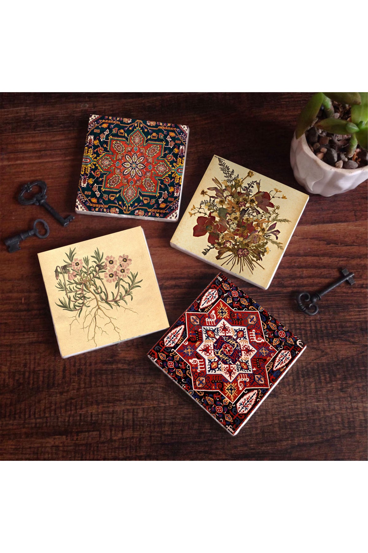 Pinecone Vintage Çiçek, Desen Taş Bardak Altlığı Seti - 4 Parça - Dekoratif, Rustik Mutfak Aksesuarı, 10x10 cm, Kaydırmaz Tabanlı, Şık ve Dayanıklı SC502