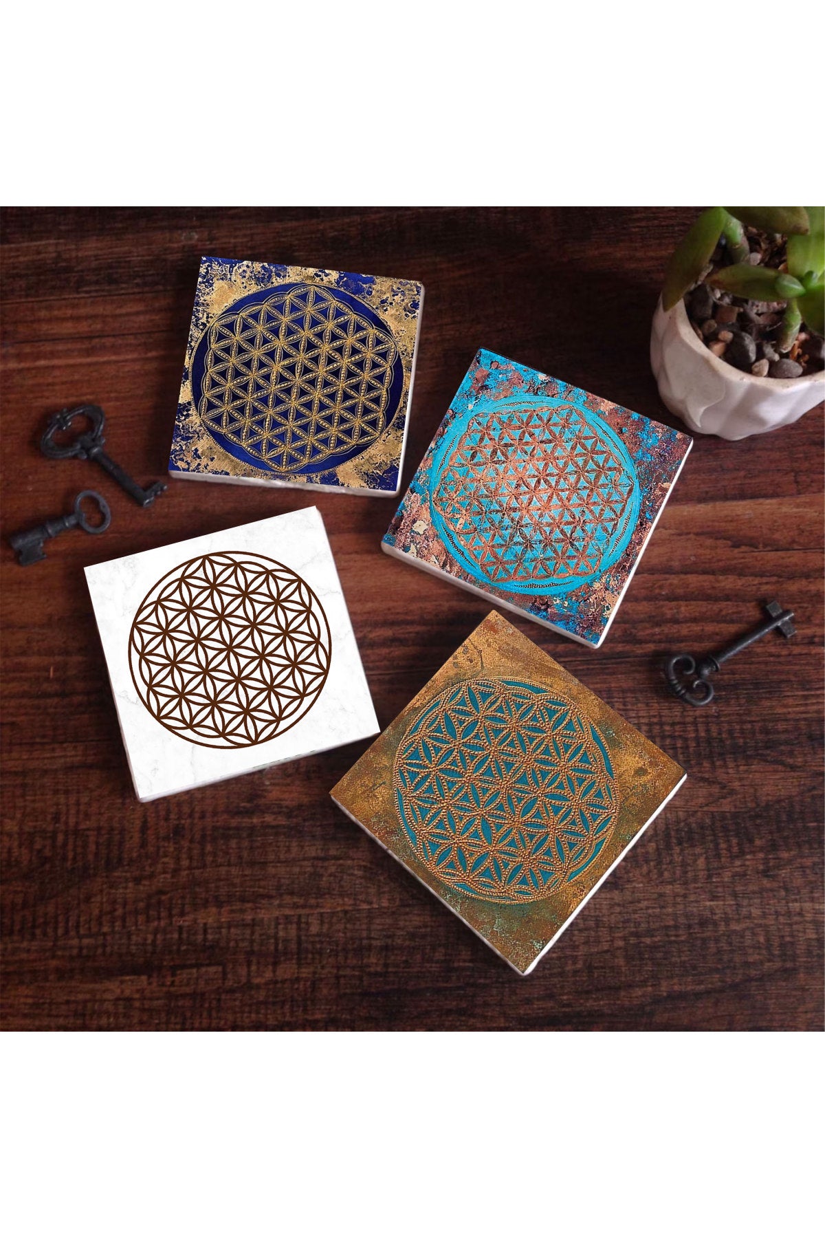 Pinecone Yaşam Çiçeği Taş Bardak Altlığı Seti - 4 Parça - Dekoratif, Rustik Mutfak Aksesuarı, 10x10 cm, Kaydırmaz Tabanlı, Şık ve Dayanıklı SC504
