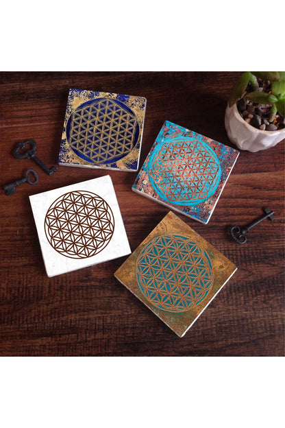 Pinecone Yaşam Çiçeği Taş Bardak Altlığı Seti - 4 Parça - Dekoratif, Rustik Mutfak Aksesuarı, 10x10 cm, Kaydırmaz Tabanlı, Şık ve Dayanıklı SC504