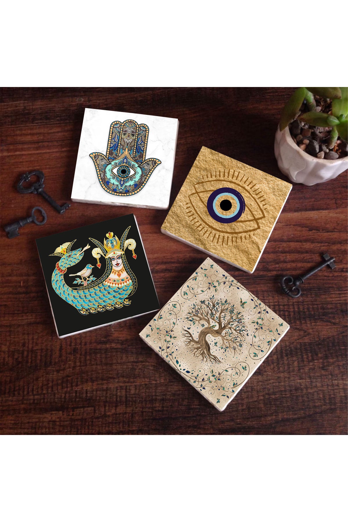 Pinecone Nazar, Şahmeran, Hayat Ağacı, Fatma Ana Eli (Hamsa) Taş Bardak Altlığı Seti - 4 Parça - Dekoratif, Rustik Mutfak Aksesuarı, 10x10 cm, Kaydırmaz Tabanlı, Şık ve Dayanıklı SC505