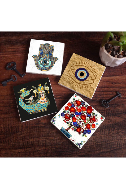 Pinecone Nazar, Şahmeran, Nar Ağacı, Fatma Ana Eli (Hamsa) Taş Bardak Altlığı Seti - 4 Parça - Dekoratif, Rustik Mutfak Aksesuarı, 10x10 cm, Kaydırmaz Tabanlı, Şık ve Dayanıklı SC506