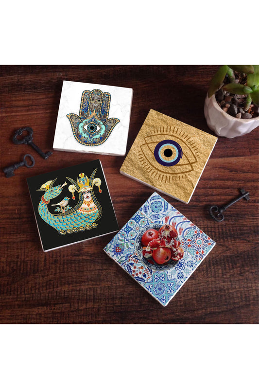 Pinecone Nazar, Şahmeran, Nar, Fatma Ana Eli (Hamsa) Taş Bardak Altlığı Seti - 4 Parça - Dekoratif, Rustik Mutfak Aksesuarı, 10x10 cm, Kaydırmaz Tabanlı, Şık ve Dayanıklı SC507