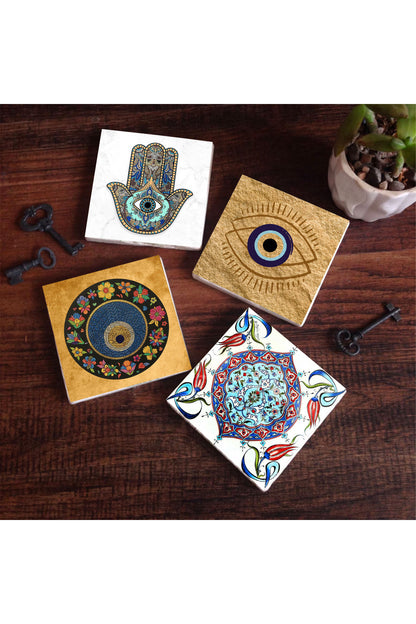 Pinecone Nazar, Çini Sanatı, Fatma Ana Eli (Hamsa) Taş Bardak Altlığı Seti - 4 Parça - Dekoratif, Rustik Mutfak Aksesuarı, 10x10 cm, Kaydırmaz Tabanlı, Şık ve Dayanıklı SC508