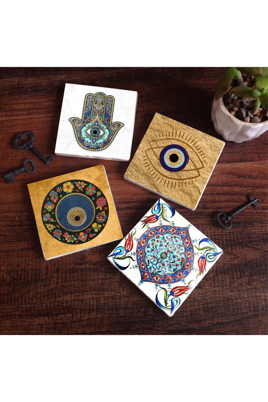 Pinecone Nazar, Çini Sanatı, Fatma Ana Eli (Hamsa) Taş Bardak Altlığı Seti - 4 Parça - Dekoratif, Rustik Mutfak Aksesuarı, 10x10 cm, Kaydırmaz Tabanlı, Şık ve Dayanıklı SC508