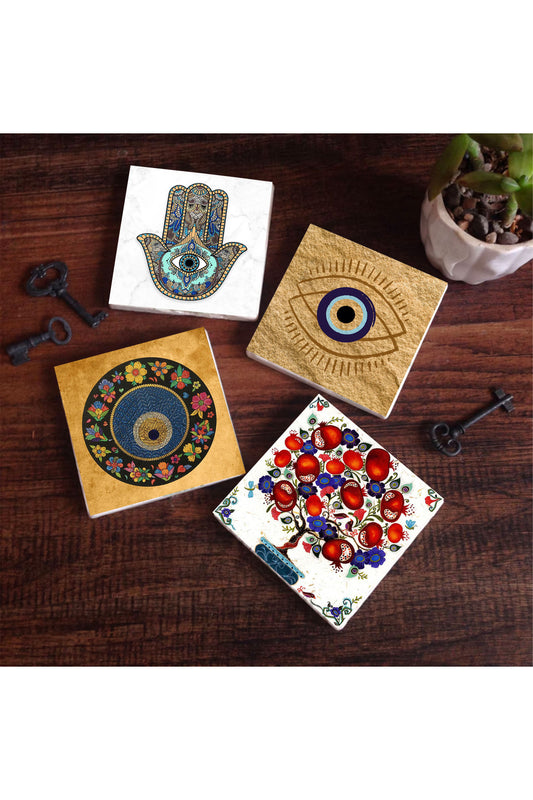 Pinecone Nazar, Nar Ağacı, Fatma Ana Eli (Hamsa) Taş Bardak Altlığı Seti - 4 Parça - Dekoratif, Rustik Mutfak Aksesuarı, 10x10 cm, Kaydırmaz Tabanlı, Şık ve Dayanıklı SC509