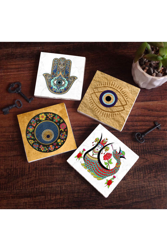 Pinecone Nazar, Şahmeran, Fatma Ana Eli (Hamsa) Taş Bardak Altlığı Seti - 4 Parça - Dekoratif, Rustik Mutfak Aksesuarı, 10x10 cm, Kaydırmaz Tabanlı, Şık ve Dayanıklı SC510