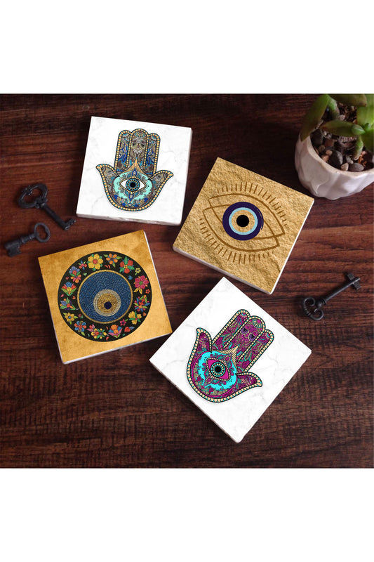 Pinecone Nazar, Fatma Ana Eli (Hamsa) Taş Bardak Altlığı Seti - 4 Parça - Dekoratif, Rustik Mutfak Aksesuarı, 10x10 cm, Kaydırmaz Tabanlı, Şık ve Dayanıklı SC511