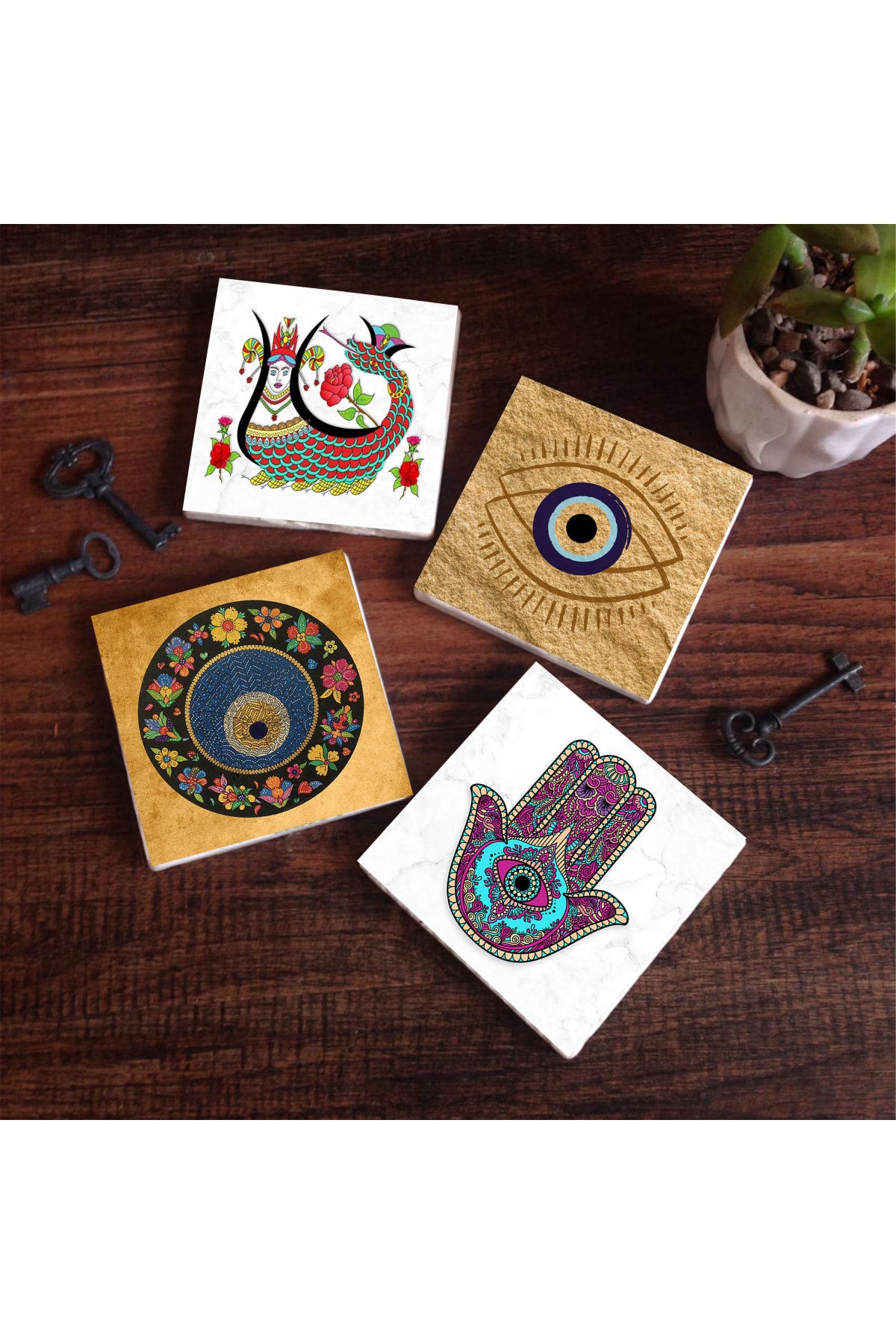 Pinecone Nazar, Fatma Ana Eli (Hamsa), Şahmeran Taş Bardak Altlığı Seti - 4 Parça - Dekoratif, Rustik Mutfak Aksesuarı, 10x10 cm, Kaydırmaz Tabanlı, Şık ve Dayanıklı SC512