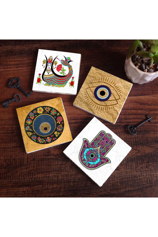 Pinecone Nazar, Fatma Ana Eli (Hamsa), Şahmeran Taş Bardak Altlığı Seti - 4 Parça - Dekoratif, Rustik Mutfak Aksesuarı, 10x10 cm, Kaydırmaz Tabanlı, Şık ve Dayanıklı SC512