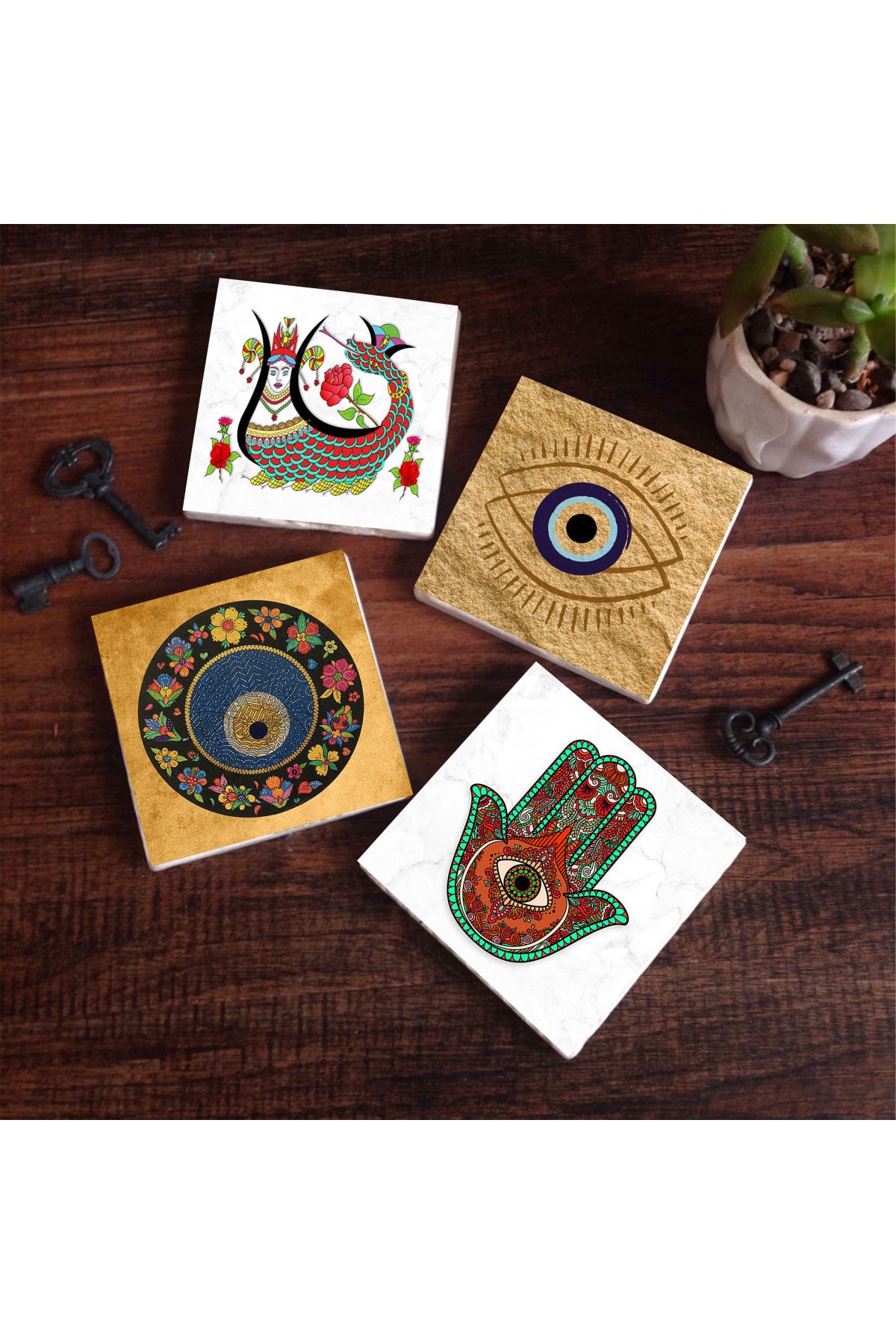 Pinecone Nazar, Fatma Ana Eli (Hamsa), Şahmeran Taş Bardak Altlığı Seti - 4 Parça - Dekoratif, Rustik Mutfak Aksesuarı, 10x10 cm, Kaydırmaz Tabanlı, Şık ve Dayanıklı SC513