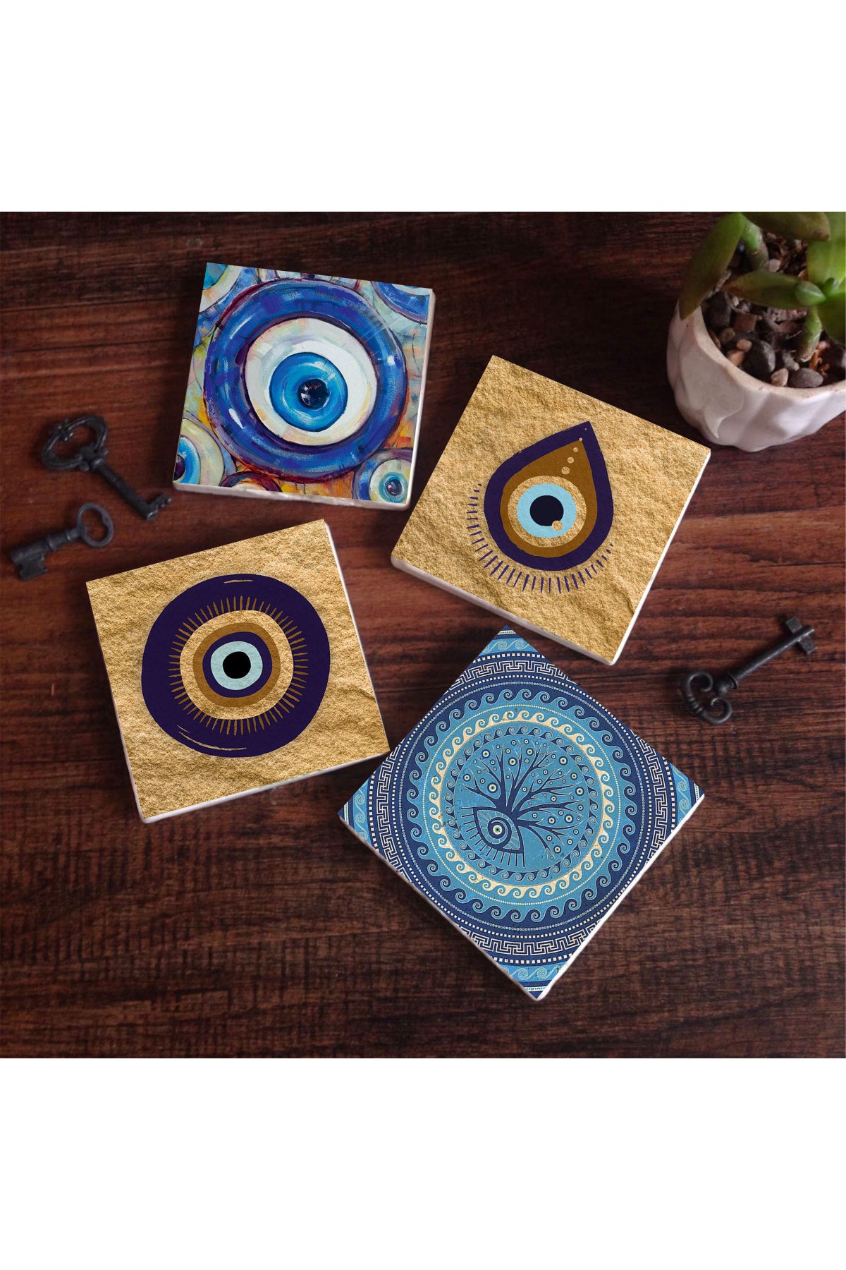 Pinecone Nazar Taş Bardak Altlığı Seti - 4 Parça - Dekoratif, Rustik Mutfak Aksesuarı, 10x10 cm, Kaydırmaz Tabanlı, Şık ve Dayanıklı SC518