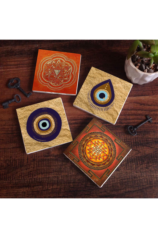 Pinecone Nazar, Sri Yantra Taş Bardak Altlığı Seti - 4 Parça - Dekoratif, Rustik Mutfak Aksesuarı, 10x10 cm, Kaydırmaz Tabanlı, Şık ve Dayanıklı SC520