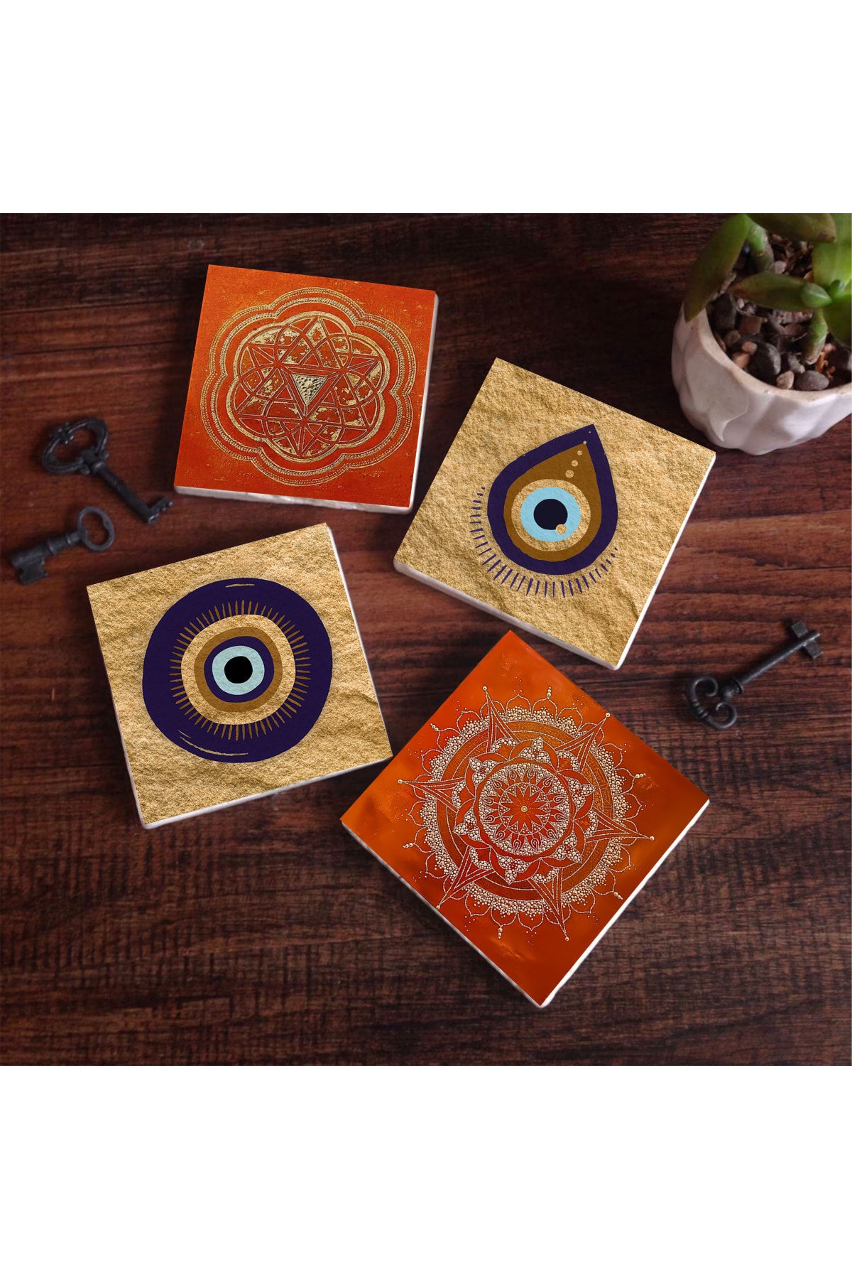 Pinecone Nazar, Sri Yantra, Mandala Taş Bardak Altlığı Seti - 4 Parça - Dekoratif, Rustik Mutfak Aksesuarı, 10x10 cm, Kaydırmaz Tabanlı, Şık ve Dayanıklı SC521