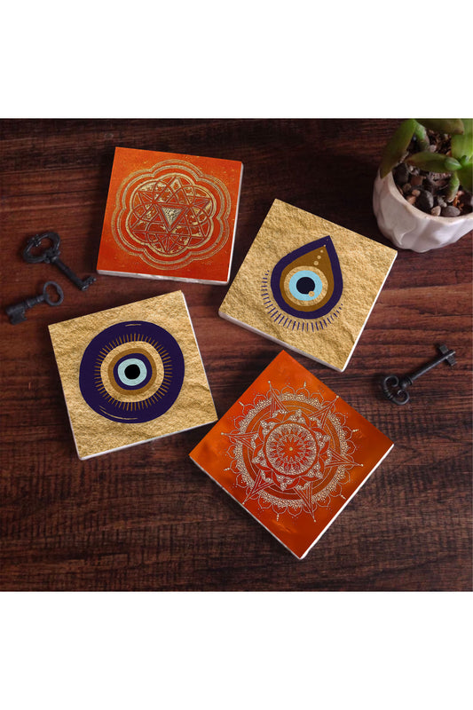 Pinecone Nazar, Sri Yantra, Mandala Taş Bardak Altlığı Seti - 4 Parça - Dekoratif, Rustik Mutfak Aksesuarı, 10x10 cm, Kaydırmaz Tabanlı, Şık ve Dayanıklı SC521