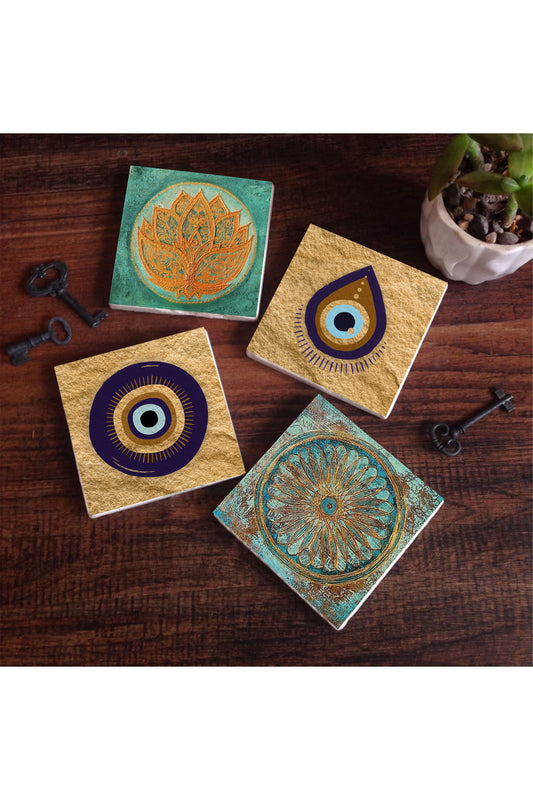 Pinecone Nazar, Lotus Çiçeği, Yaşam Çiçeği Taş Bardak Altlığı Seti - 4 Parça - Dekoratif, Rustik Mutfak Aksesuarı, 10x10 cm, Kaydırmaz Tabanlı, Şık ve Dayanıklı SC522