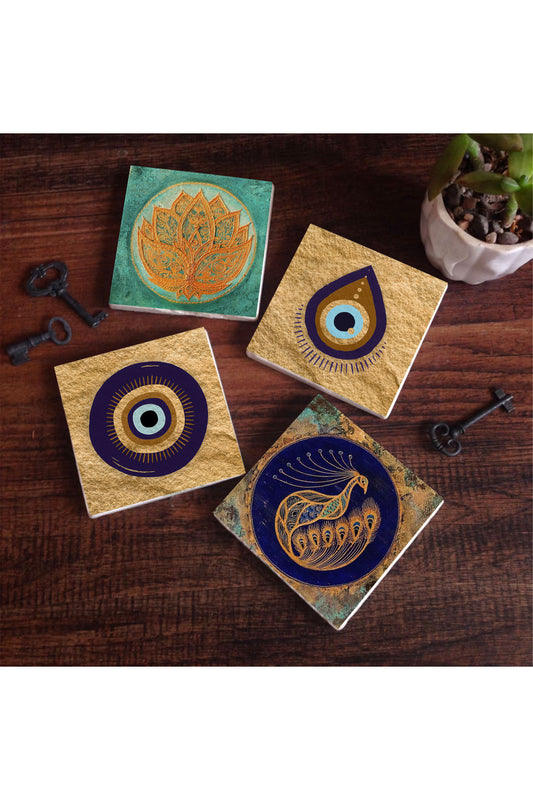 Pinecone Nazar, Lotus Çiçeği, Tavus Kuşu Taş Bardak Altlığı Seti - 4 Parça - Dekoratif, Rustik Mutfak Aksesuarı, 10x10 cm, Kaydırmaz Tabanlı, Şık ve Dayanıklı SC523