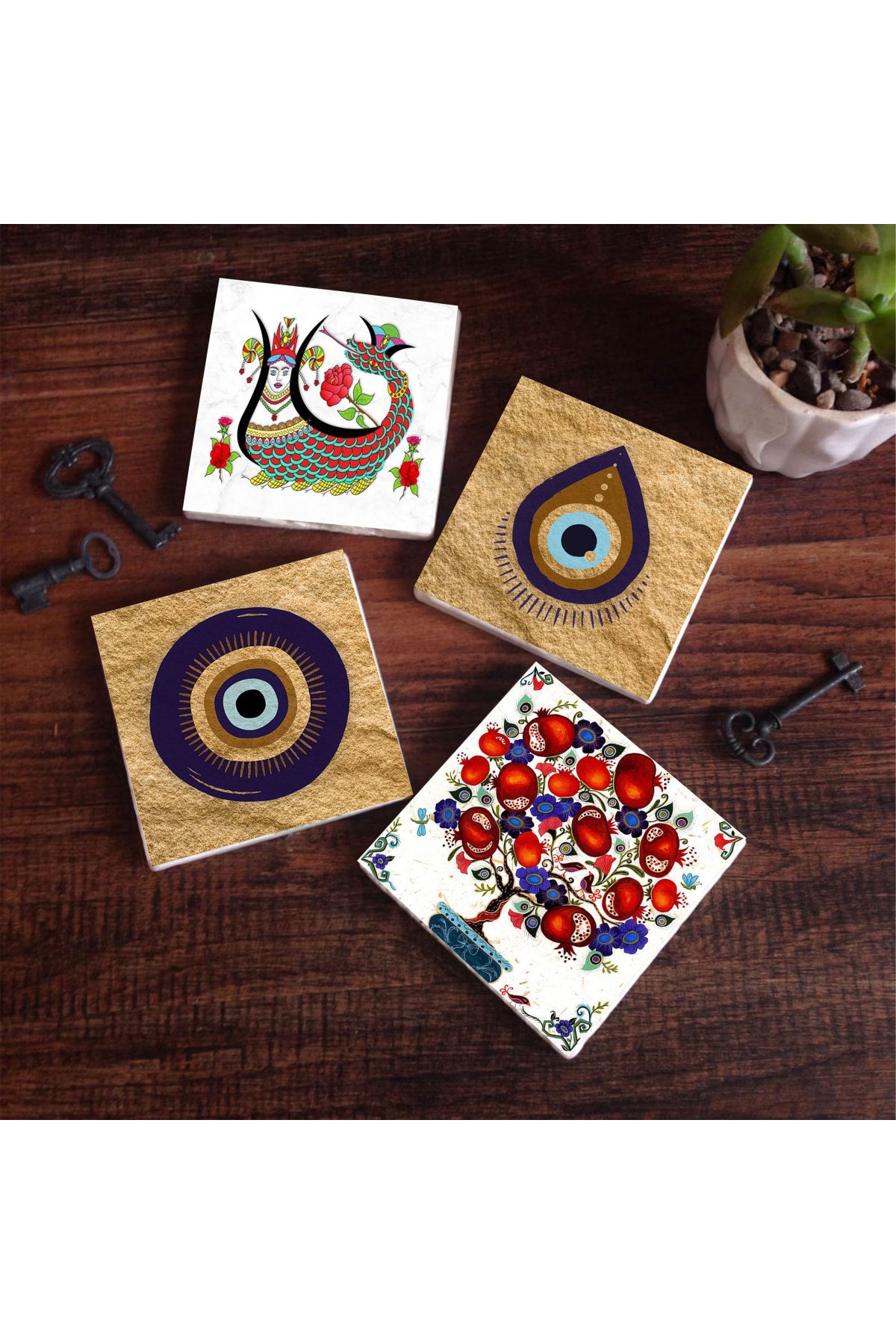 Pinecone Nazar, Şahmeran, Nar Ağacı Taş Bardak Altlığı Seti - 4 Parça - Dekoratif, Rustik Mutfak Aksesuarı, 10x10 cm, Kaydırmaz Tabanlı, Şık ve Dayanıklı SC524