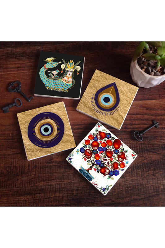 Pinecone Nazar, Şahmeran, Nar Ağacı Taş Bardak Altlığı Seti - 4 Parça - Dekoratif, Rustik Mutfak Aksesuarı, 10x10 cm, Kaydırmaz Tabanlı, Şık ve Dayanıklı SC525