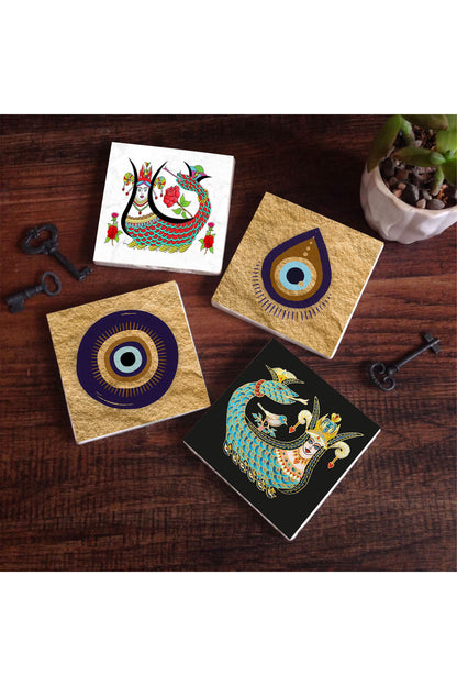 Pinecone Nazar, Şahmeran Taş Bardak Altlığı Seti - 4 Parça - Dekoratif, Rustik Mutfak Aksesuarı, 10x10 cm, Kaydırmaz Tabanlı, Şık ve Dayanıklı SC526