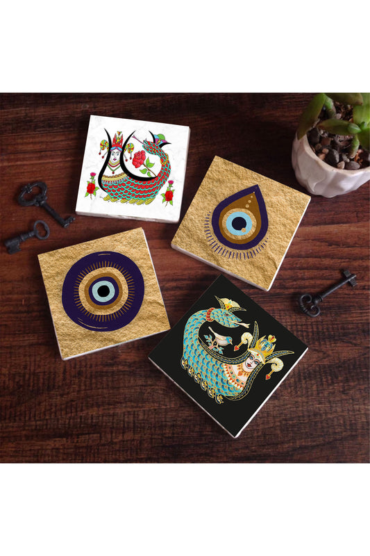 Pinecone Nazar, Şahmeran Taş Bardak Altlığı Seti - 4 Parça - Dekoratif, Rustik Mutfak Aksesuarı, 10x10 cm, Kaydırmaz Tabanlı, Şık ve Dayanıklı SC526