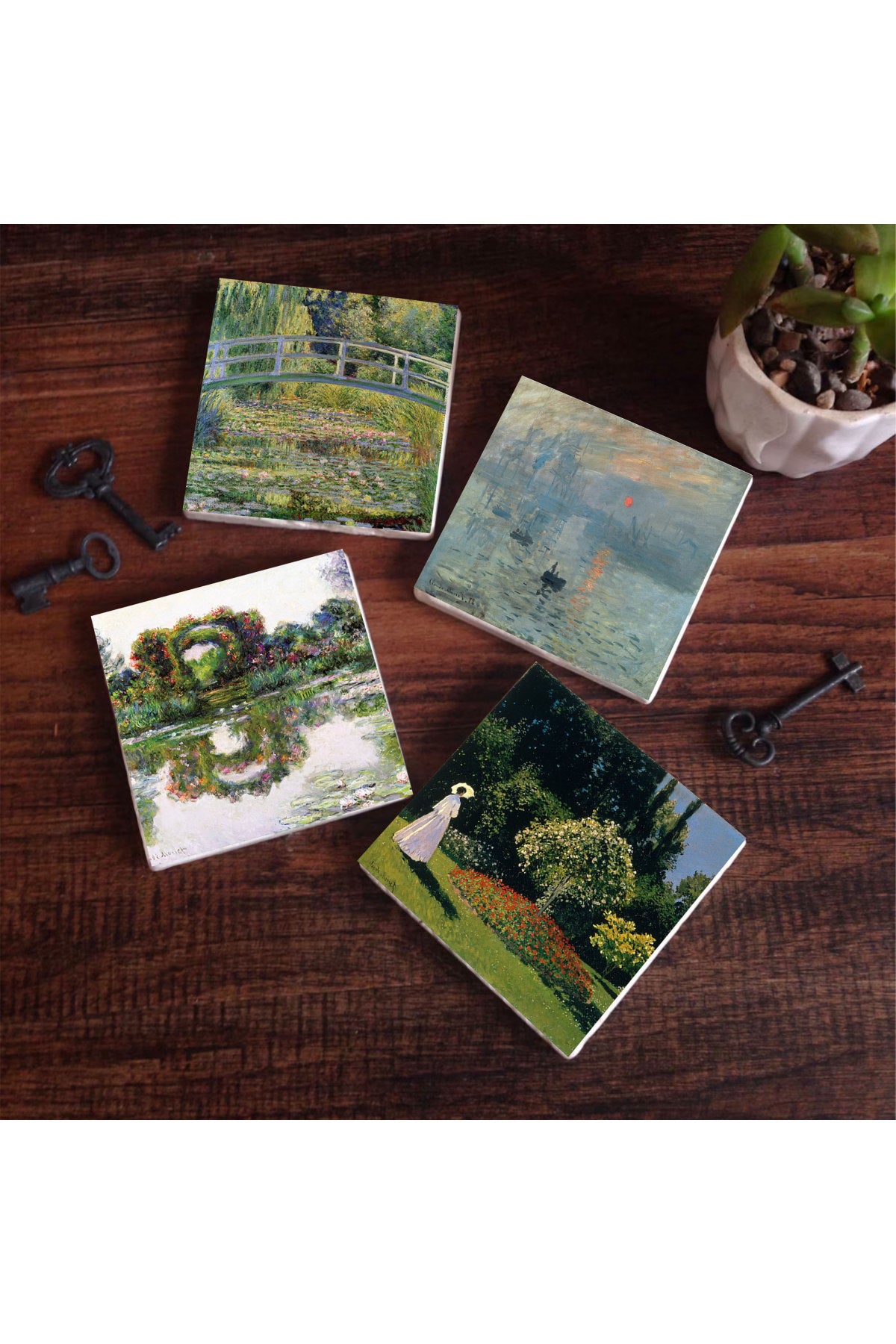 Pinecone Claude Monet Gül Çiçekli Kemer, Bahçedeki Kadın, İzlenim Gün Doğumu, Nilüfer Gölü Taş Bardak Altlığı Seti - 4 Parça - Dekoratif, Rustik Mutfak Aksesuarı, 10x10 cm, Kaydırmaz TabanlıSC529