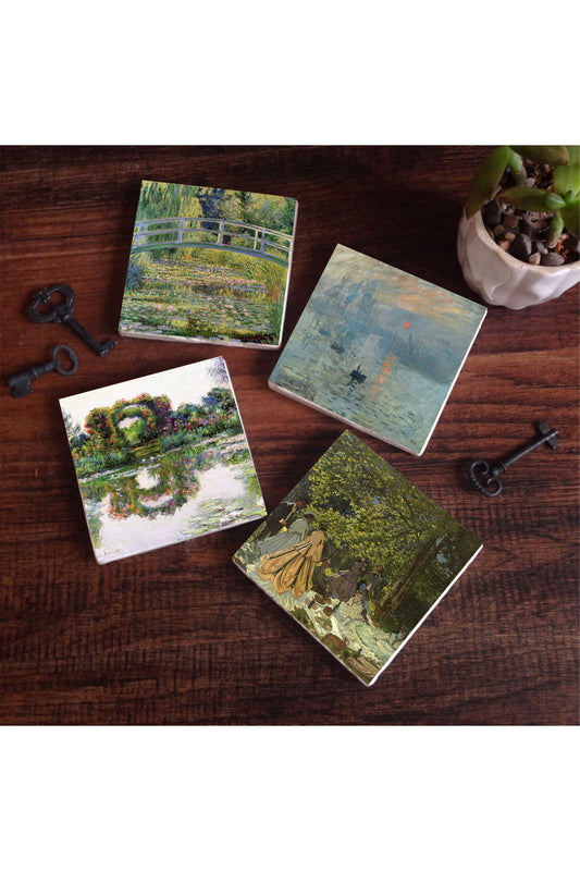 Pinecone Monet Gül Çiçekli Kemer, Kırda Öğle Yemeği, İzlenim Gün Doğumu, Nilüfer Gölü Taş Bardak Altlığı Seti - 4 Parça - Dekoratif, Rustik Mutfak Aksesuarı, 10x10 cm, Kaydırmaz TabanlıSC530