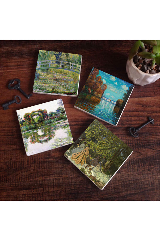 Pinecone Claude Monet Sonbahar, Gül Çiçekli Kemer, Kırda Öğle Yemeği, Nilüfer Gölü Taş Bardak Altlığı Seti - 4 Parça - Dekoratif, Rustik Mutfak Aksesuarı, 10x10 cm, Kaydırmaz TabanlıSC531