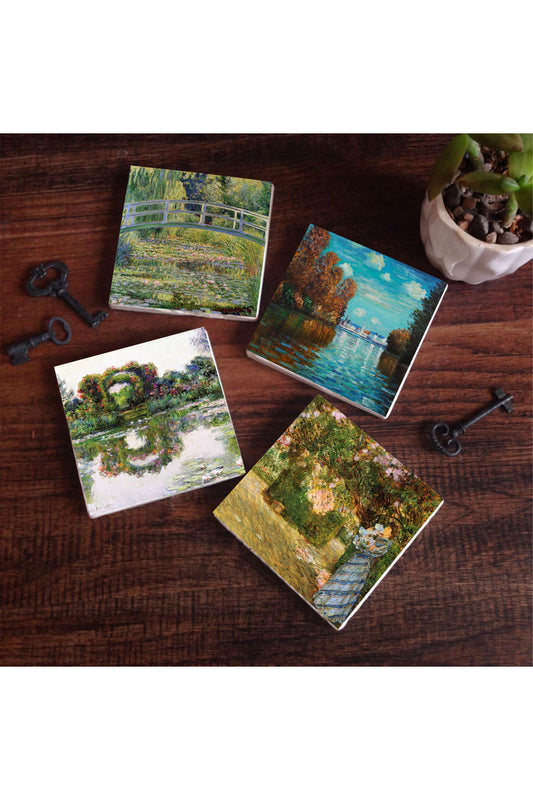 Pinecone Claude Monet Sonbahar, Bahçede, Gül Çiçekli Kemer, Nilüfer Gölü Taş Bardak Altlığı Seti - 4 Parça - Dekoratif, Rustik Mutfak Aksesuarı, 10x10 cm, Kaydırmaz Tabanlı, Şık ve Dayanıklı SC532