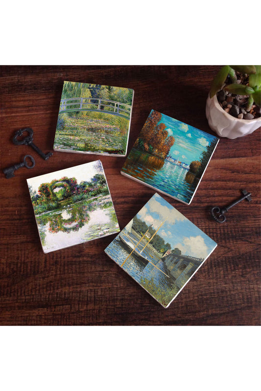 Pinecone Claude Monet Sonbahar, Gül Çiçekli Kemer, Argenteuil'de Köprü, Nilüfer Gölü Taş Bardak Altlığı Seti - 4 Parça - Dekoratif, Rustik Mutfak Aksesuarı, 10x10 cm, Kaydırmaz TabanlıSC533