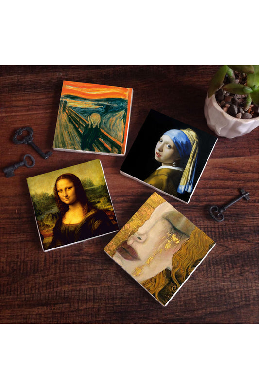 Pinecone Çığlık, İnci Küpeli Kız, Gustav Klimt Altın Gözyaşları, Da Vinci Mona Lisa Taş Bardak Altlığı Seti - 4 Parça - Dekoratif, Rustik Mutfak Aksesuarı, 10x10 cm, Kaydırmaz TabanlıSC536