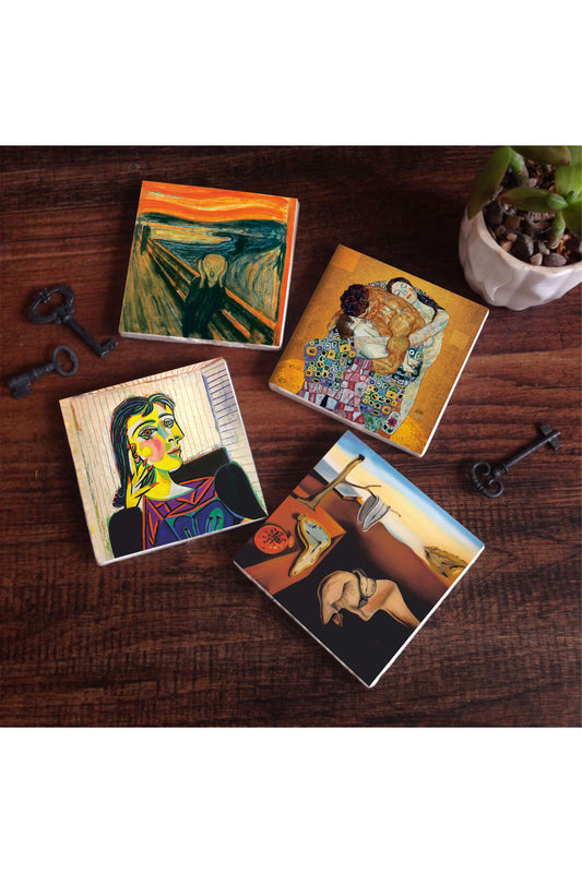 Pinecone Dalí Belleğin Azmi, Picasso Dora Maar’ın Portresi, Çığlık, Klimt Aile Kucaklama Taş Bardak Altlığı Seti - 4 Parça - Dekoratif, Rustik Mutfak Aksesuarı, 10x10 cm, Kaydırmaz TabanlıSC543