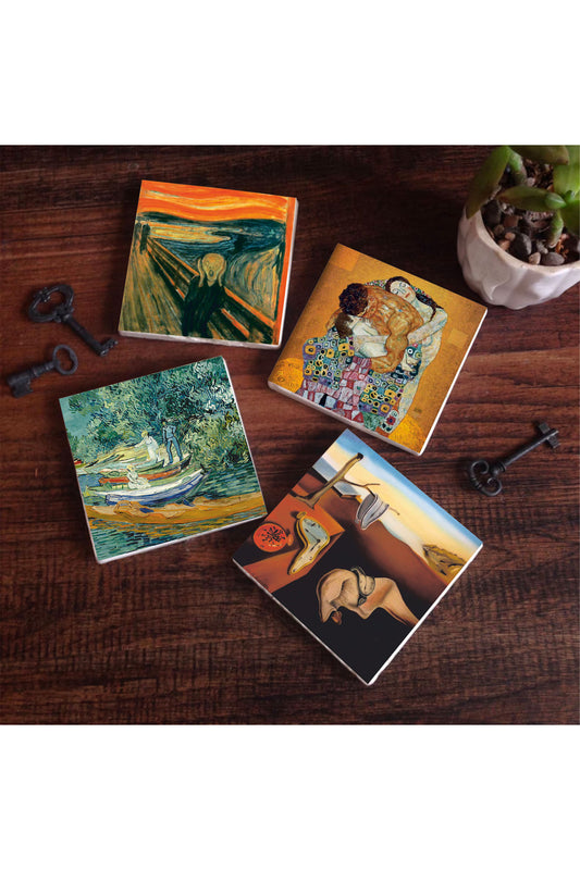 Pinecone Dalí Belleğin Azmi, Van Gogh Oise Bankası, Çığlık, Klimt Aile Kucaklama Taş Bardak Altlığı Seti - 4 Parça - Dekoratif, Rustik Mutfak Aksesuarı, 10x10 cm, Kaydırmaz TabanlıSC545