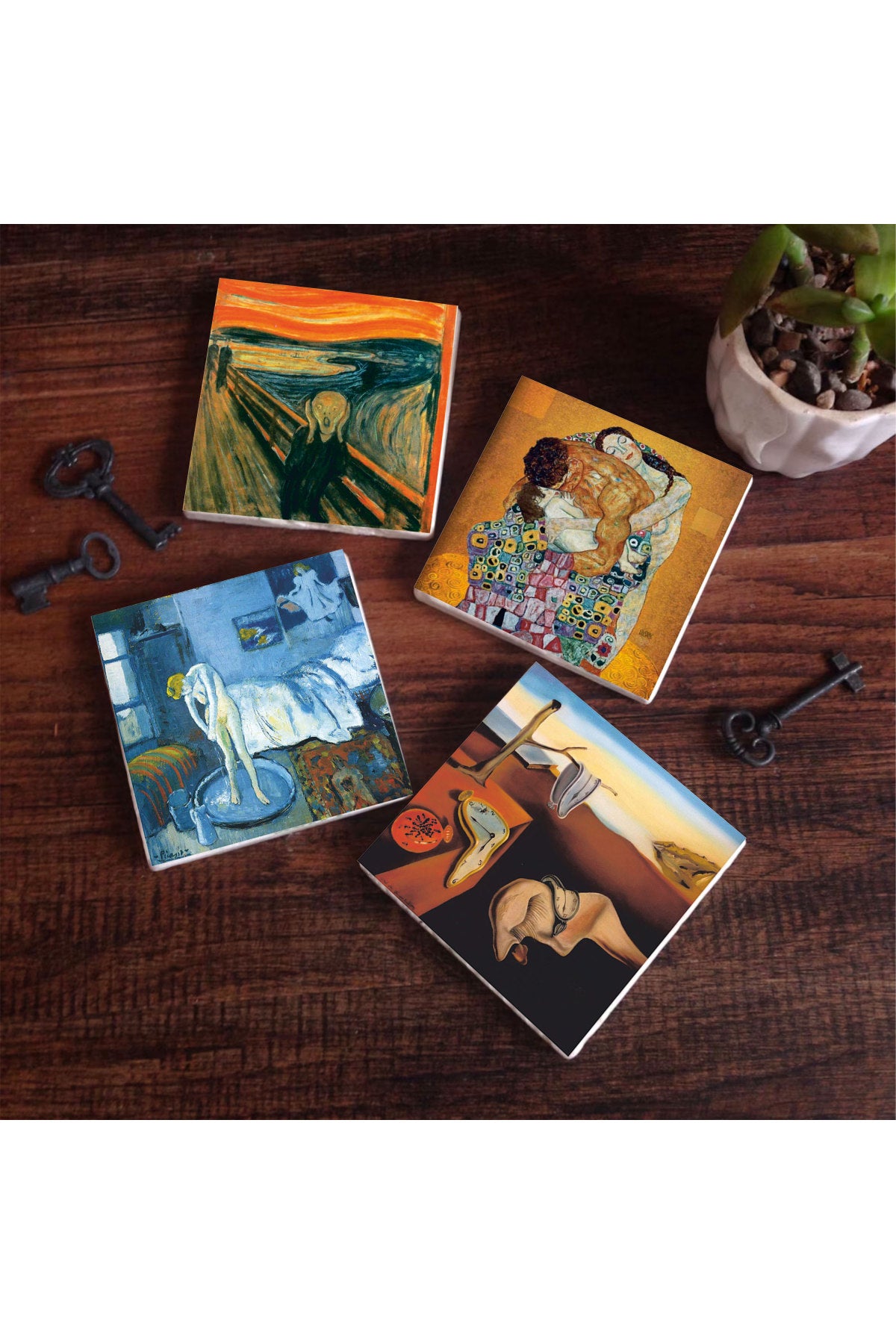 Pinecone Dalí Belleğin Azmi, Picasso Mavi Oda, Çığlık, Gustav Klimt Aile Kucaklama Taş Bardak Altlığı Seti - 4 Parça - Dekoratif, Rustik Mutfak Aksesuarı, 10x10 cm, Kaydırmaz TabanlıSC547