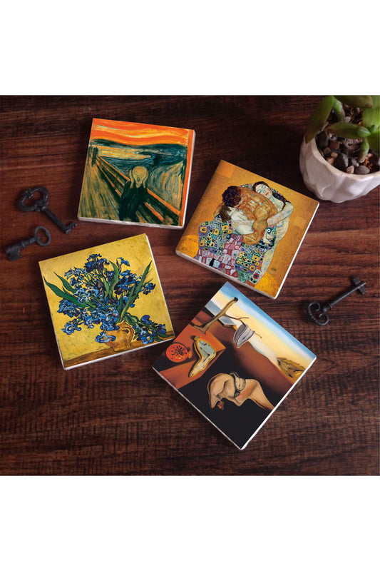 Pinecone Dalí Belleğin Azmi, Van Gogh Süsenler, Çığlık, Gustav Klimt Aile Kucaklama Taş Bardak Altlığı Seti - 4 Parça - Dekoratif, Rustik Mutfak Aksesuarı, 10x10 cm, Kaydırmaz TabanlıSC549