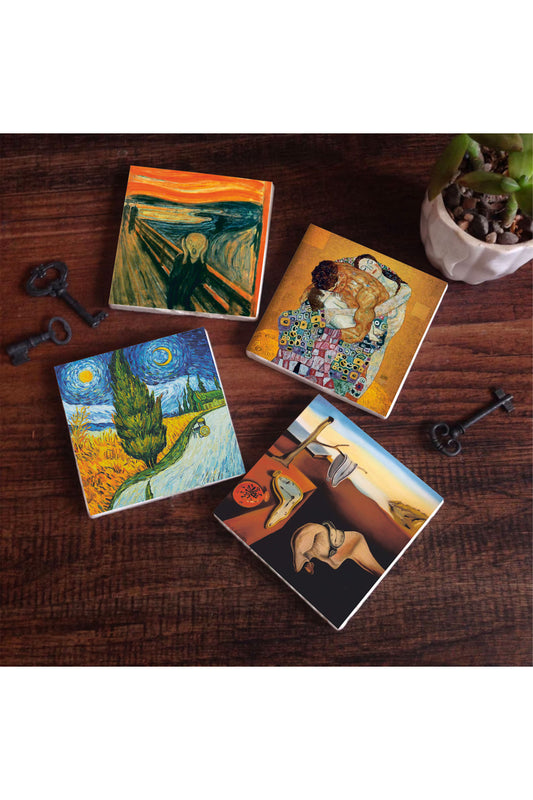 Pinecone Dalí Belleğin Azmi, Van Gogh Selvili Yol, Çığlık, Klimt Aile Kucaklama Taş Bardak Altlığı Seti - 4 Parça - Dekoratif, Rustik Mutfak Aksesuarı, 10x10 cm, Kaydırmaz TabanlıSC555