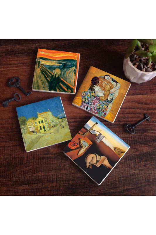 Pinecone Dalí Belleğin Azmi, Van Gogh Sarı Ev, Çığlık, Gustav Klimt Aile Kucaklama Taş Bardak Altlığı Seti - 4 Parça - Dekoratif, Rustik Mutfak Aksesuarı, 10x10 cm, Kaydırmaz TabanlıSC557