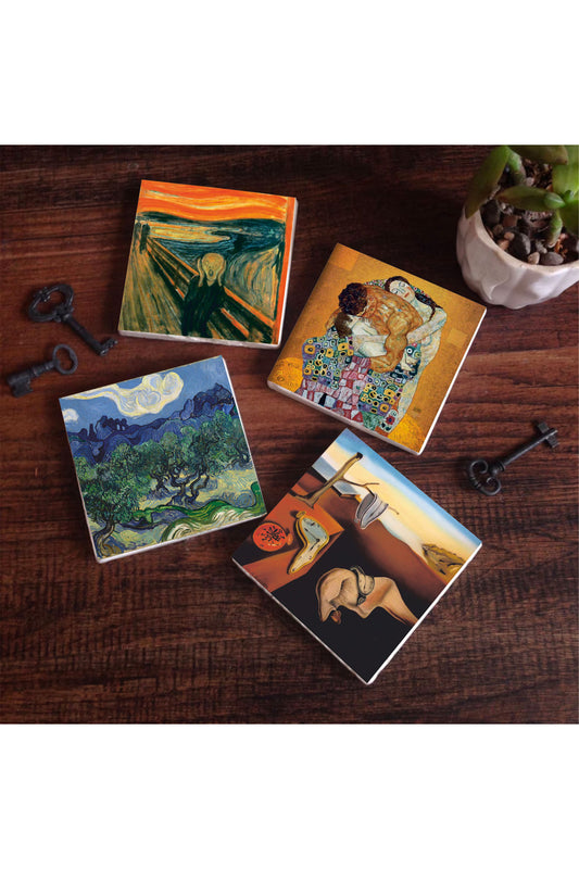 Pinecone Dalí Belleğin Azmi, Van Gogh Zeytin Ağaçları, Çığlık, Klimt Aile Kucaklama Taş Bardak Altlığı Seti - 4 Parça - Dekoratif, Rustik Mutfak Aksesuarı, 10x10 cm, Kaydırmaz TabanlıSC558