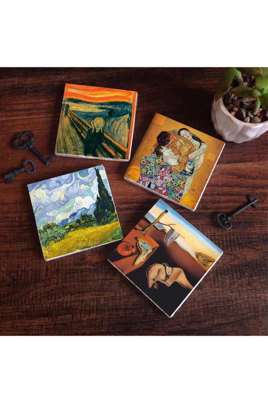 Pinecone Dalí Belleğin Azmi, Van Gogh Buğday Tarlası, Çığlık, Klimt Aile Kucaklama Taş Bardak Altlığı Seti - 4 Parça - Dekoratif, Rustik Mutfak Aksesuarı, 10x10 cm, Kaydırmaz TabanlıSC559