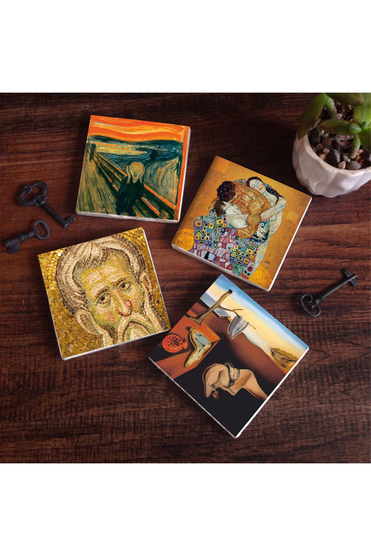 Pinecone Salvador Dalí Belleğin Azmi, Çığlık, Mozaik Serisi, Gustav Klimt Aile Kucaklama Taş Bardak Altlığı Seti - 4 Parça - Dekoratif, Rustik Mutfak Aksesuarı, 10x10 cm, Kaydırmaz TabanlıSC574