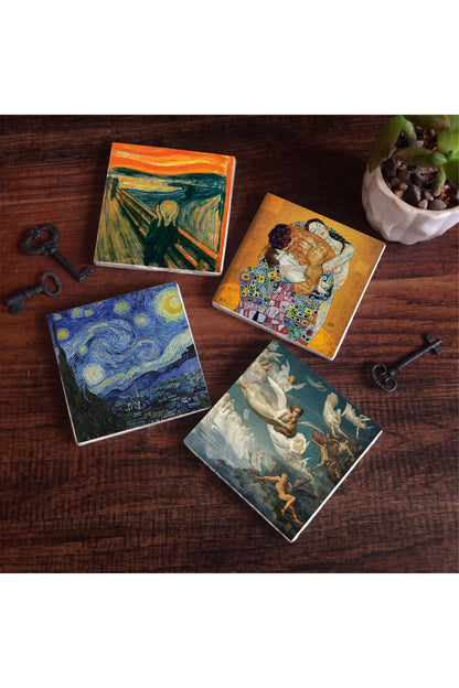 Pinecone Çığlık, Van Gogh Yıldızlı Gece, Klimt Aile Kucaklama, Ruhların Geçişi Taş Bardak Altlığı Seti - 4 Parça - Dekoratif, Rustik Mutfak Aksesuarı, 10x10 cm, Kaydırmaz TabanlıSC591