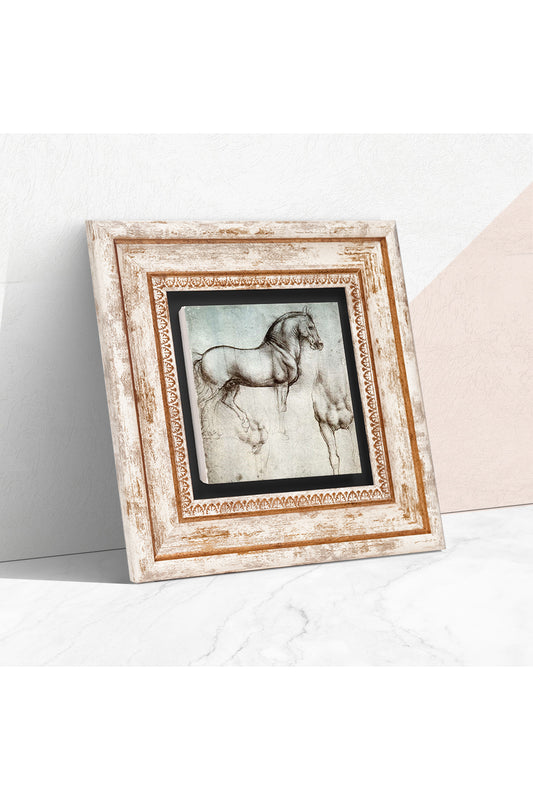 Leonardo da Vinci At Heykeli Taş Duvar Tablosu - Çerçeveli Taş Tablo - Dekoratif Duvar Sanatı - Modern Ev ve Ofis Duvar Dekoru TK1-16