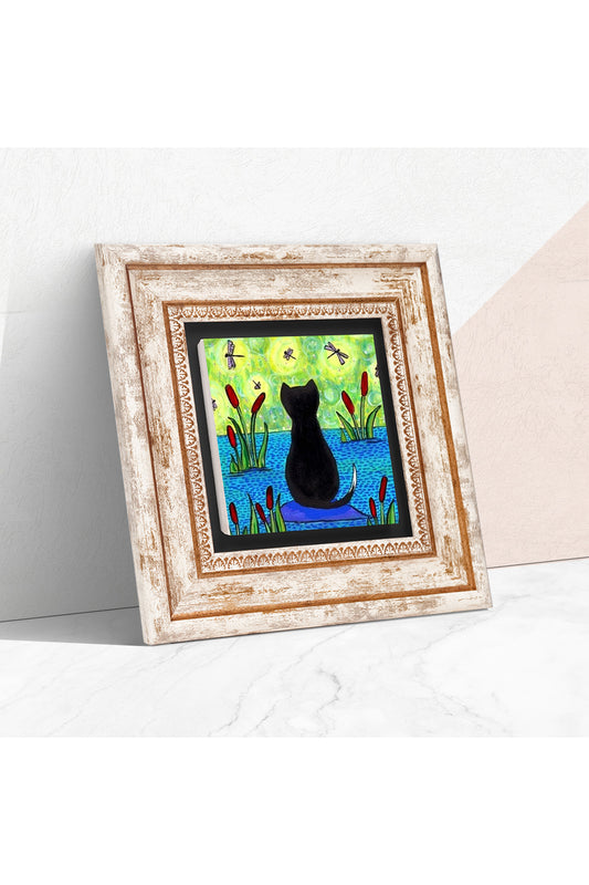 Kedi Taş Duvar Tablosu - Çerçeveli Taş Tablo - Dekoratif Duvar Sanatı - Modern Ev ve Ofis Duvar Dekoru TK1-413