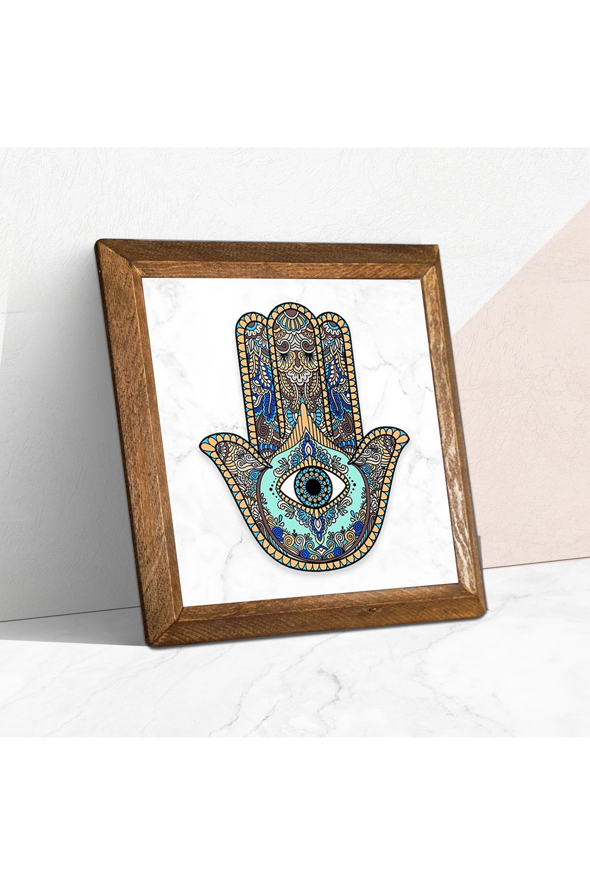 Fatma Ana Eli (Hamsa) Taş Duvar Tablosu - Ahşap Çerçeveli Taş Tablo - 25x25 cm - Dekoratif Duvar Sanatı - Modern Ev ve Ofis Duvar Dekoru -W1-01