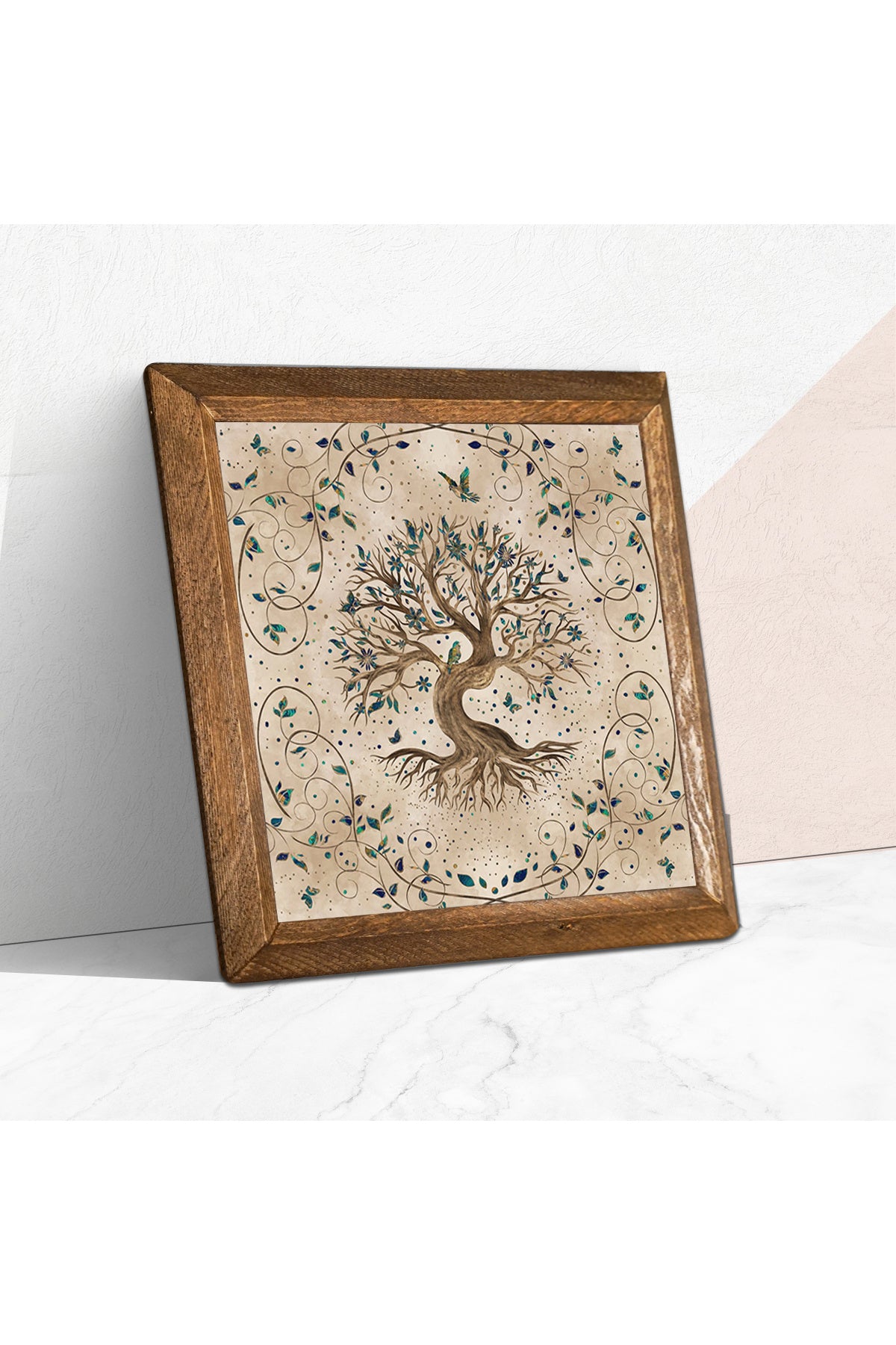 Hayat Ağacı Taş Duvar Tablosu - Ahşap Çerçeveli Taş Tablo - 25x25 cm - Dekoratif Duvar Sanatı - Modern Ev ve Ofis Duvar Dekoru -W1-07