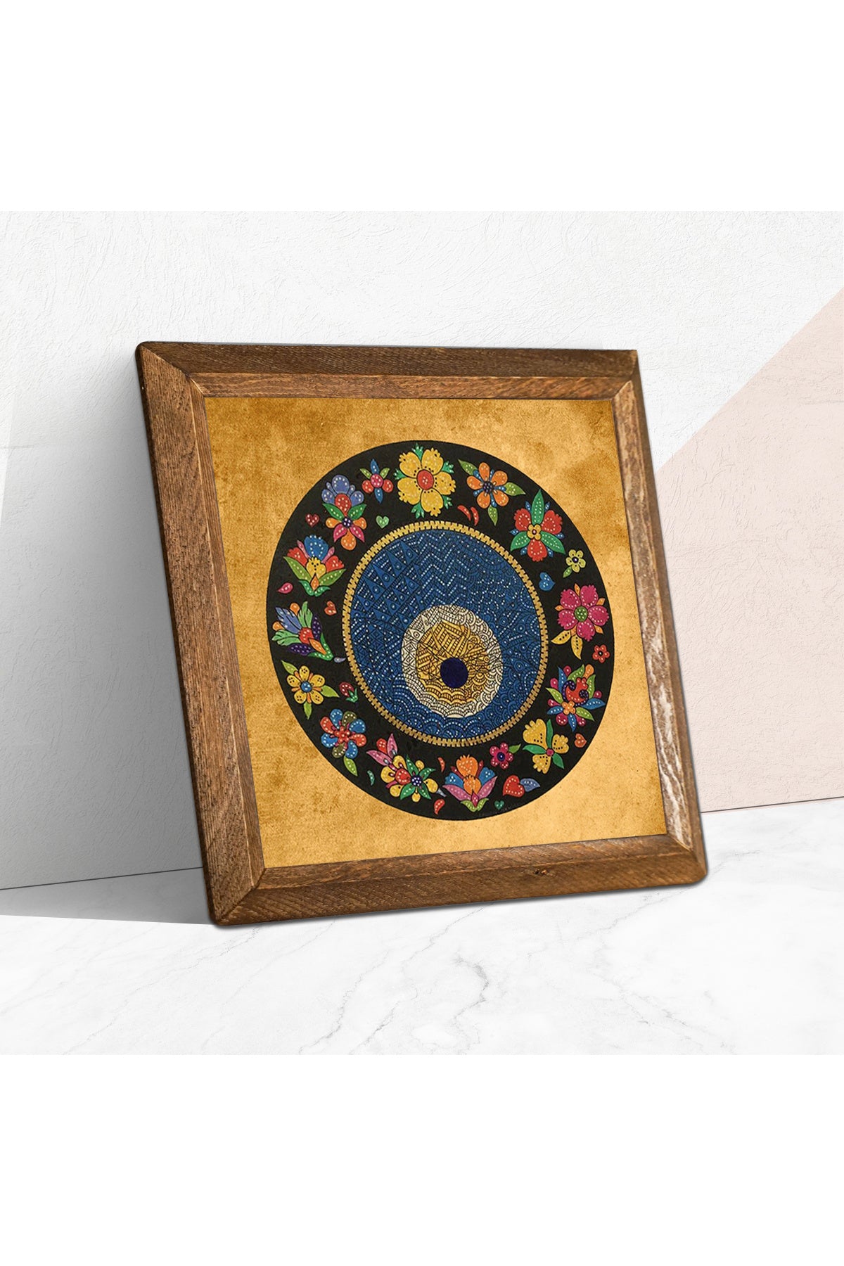 Nazar Boncuğu Taş Duvar Tablosu - Ahşap Çerçeveli Taş Tablo - 25x25 cm - Dekoratif Duvar Sanatı - Modern Ev ve Ofis Duvar Dekoru -W1-110