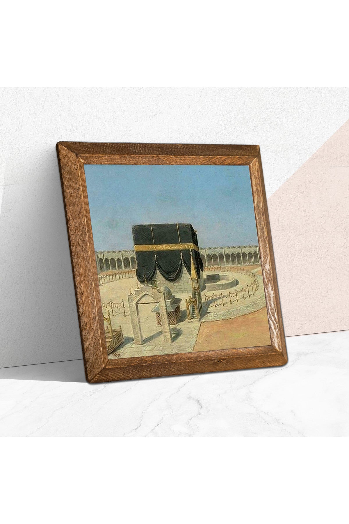 Kabe-i Muazzama Taş Duvar Tablosu - Ahşap Çerçeveli Taş Tablo - 25x25 cm - Dekoratif Duvar Sanatı - Modern Ev ve Ofis Duvar Dekoru -W1-129