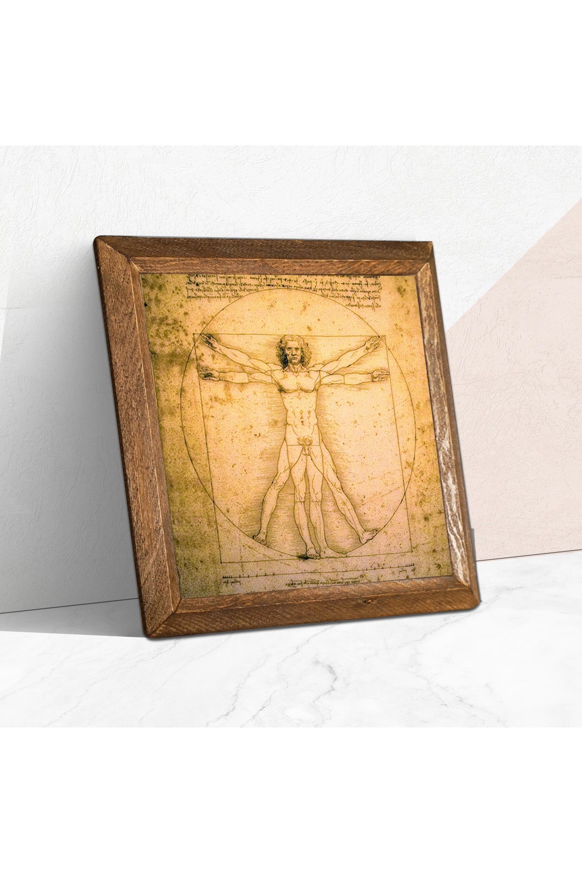 Leonardo da Vinci Vitruvius Adamı Taş Duvar Tablosu - Ahşap Çerçeveli Taş Tablo - 25x25 cm - Dekoratif Duvar Sanatı - Modern Ev ve Ofis Duvar Dekoru -W1-17