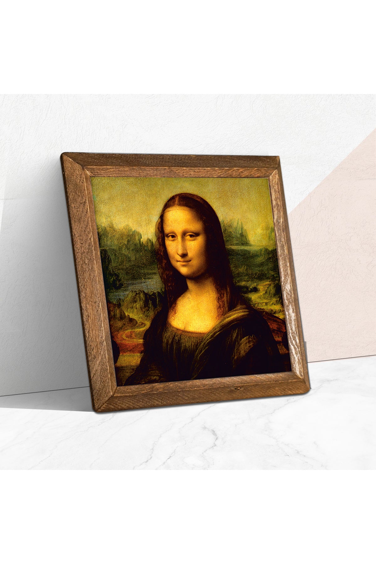 Leonardo da Vinci Mona Lisa Taş Duvar Tablosu - Ahşap Çerçeveli Taş Tablo - 25x25 cm - Dekoratif Duvar Sanatı - Modern Ev ve Ofis Duvar Dekoru -W1-19